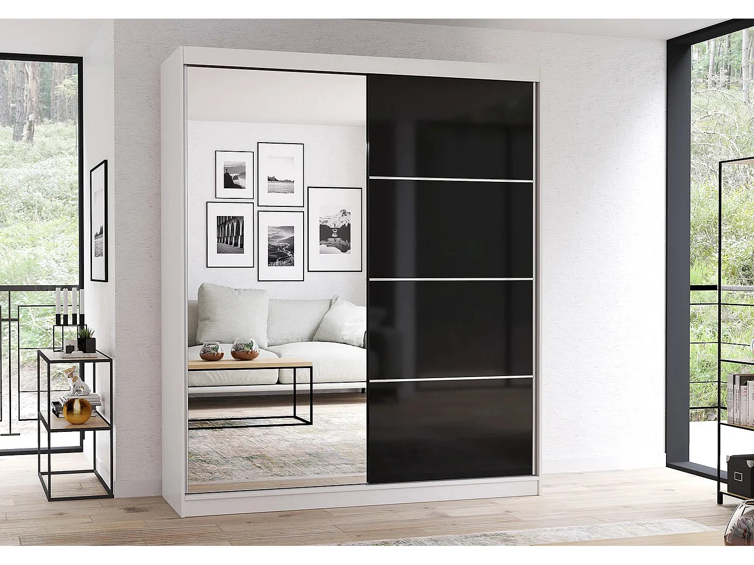 Armoire Calypso 183 cm avec miroir - Blanc - Noir