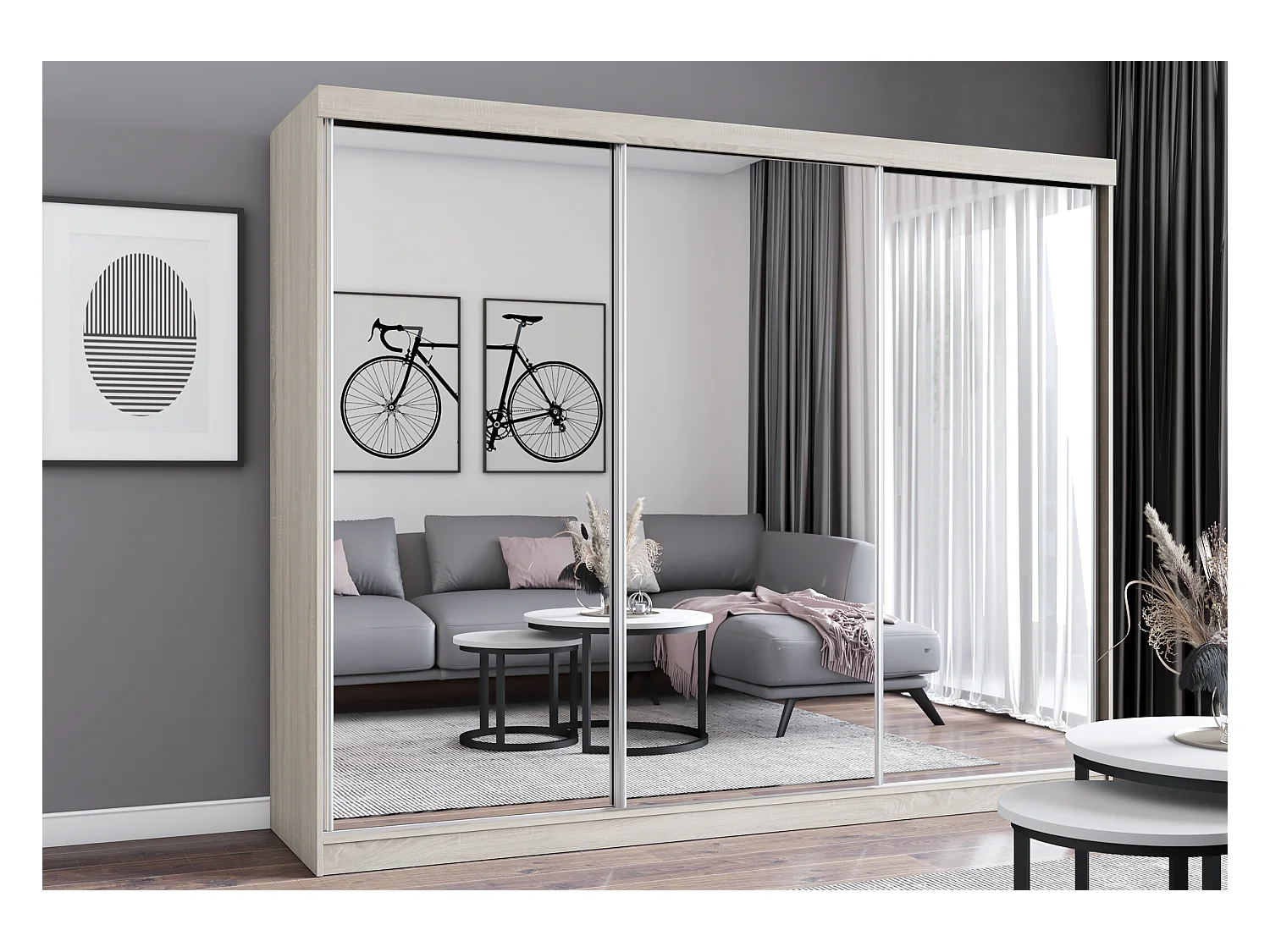 Armoire Milanor 250 cm avec miroir - Chêne