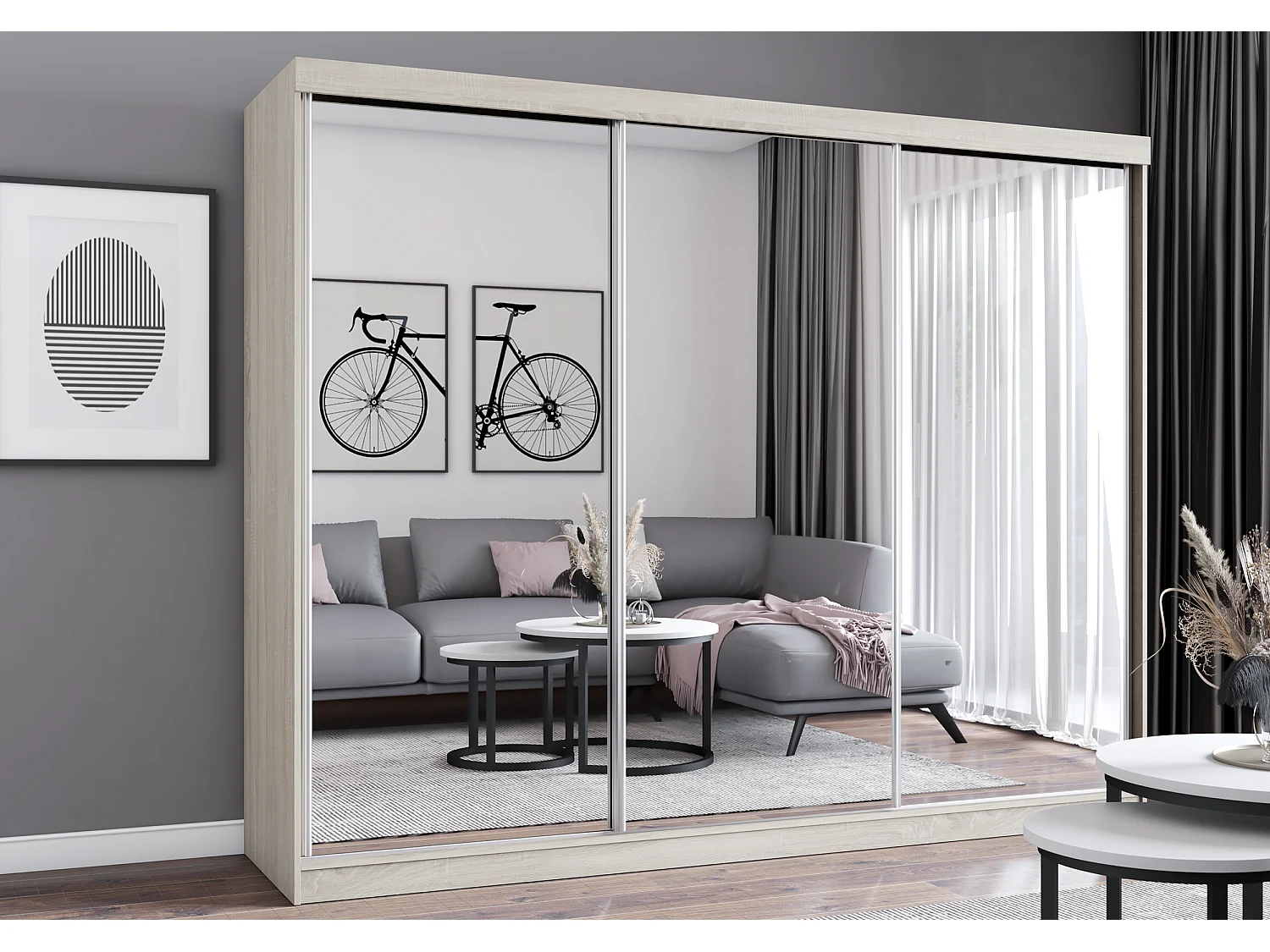 Armoire Milanor 250 cm avec miroir - Chêne