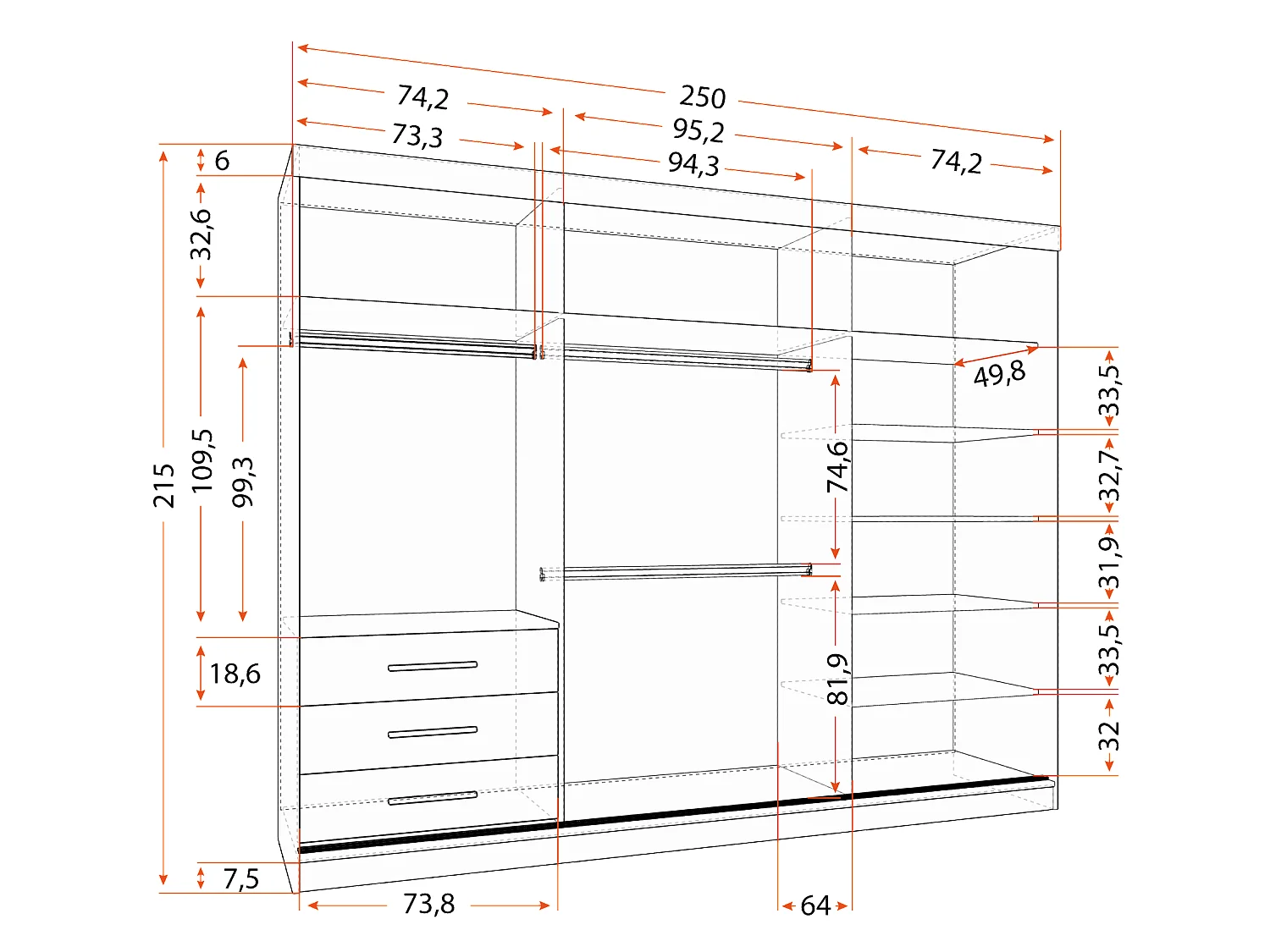 Armoire Milanor 250 cm avec miroir - Chêne