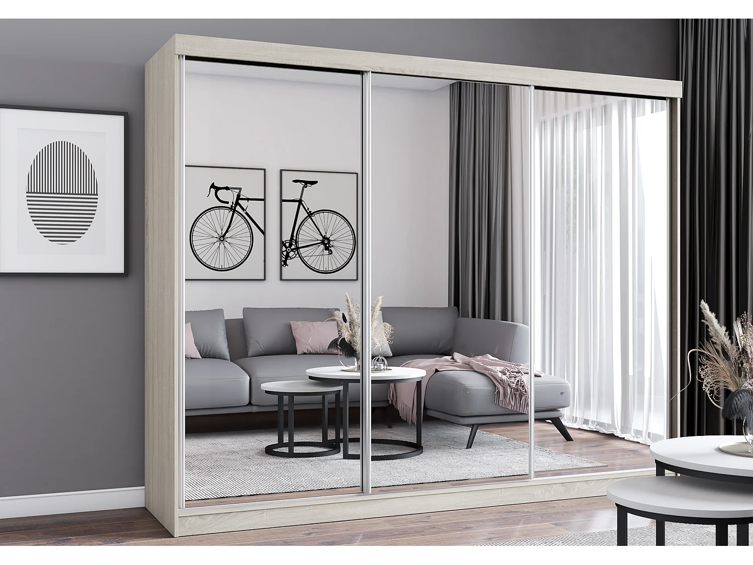 Armoire Milanor 250 cm avec miroir - Chêne