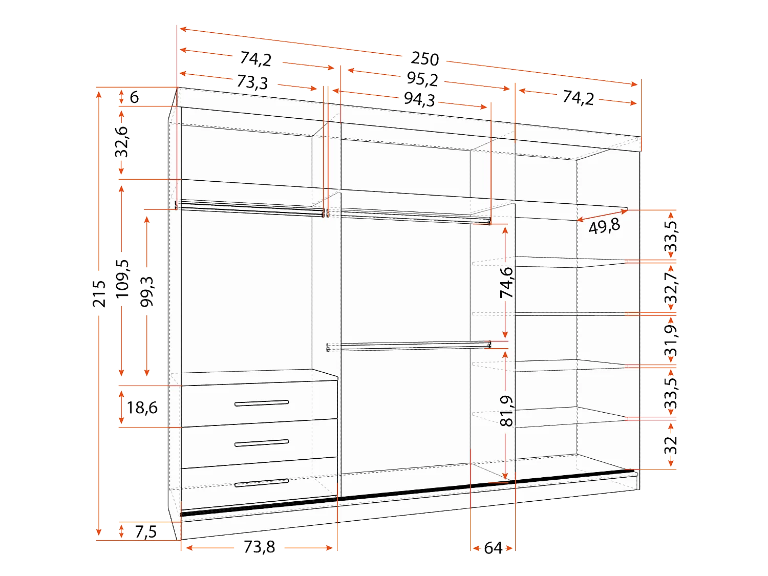 Armoire Milanor 250 cm avec miroir - Chêne