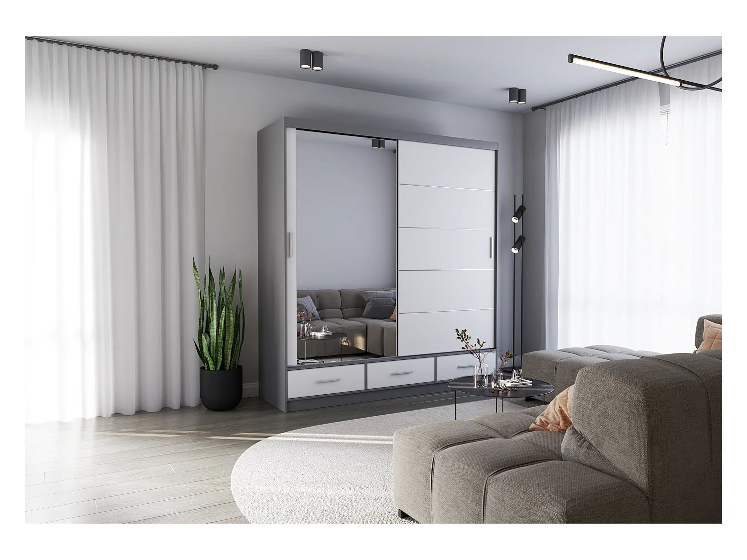 Armoire Solian 203 cm avec miroir - Gris - Blanc