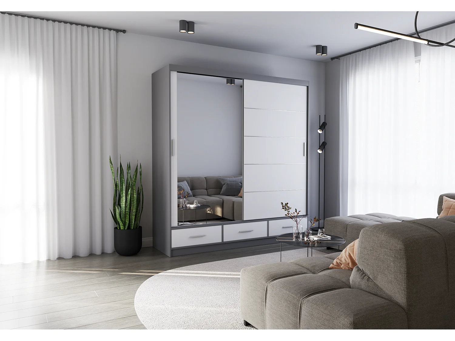 Armoire Solian 203 cm avec miroir - Gris - Blanc