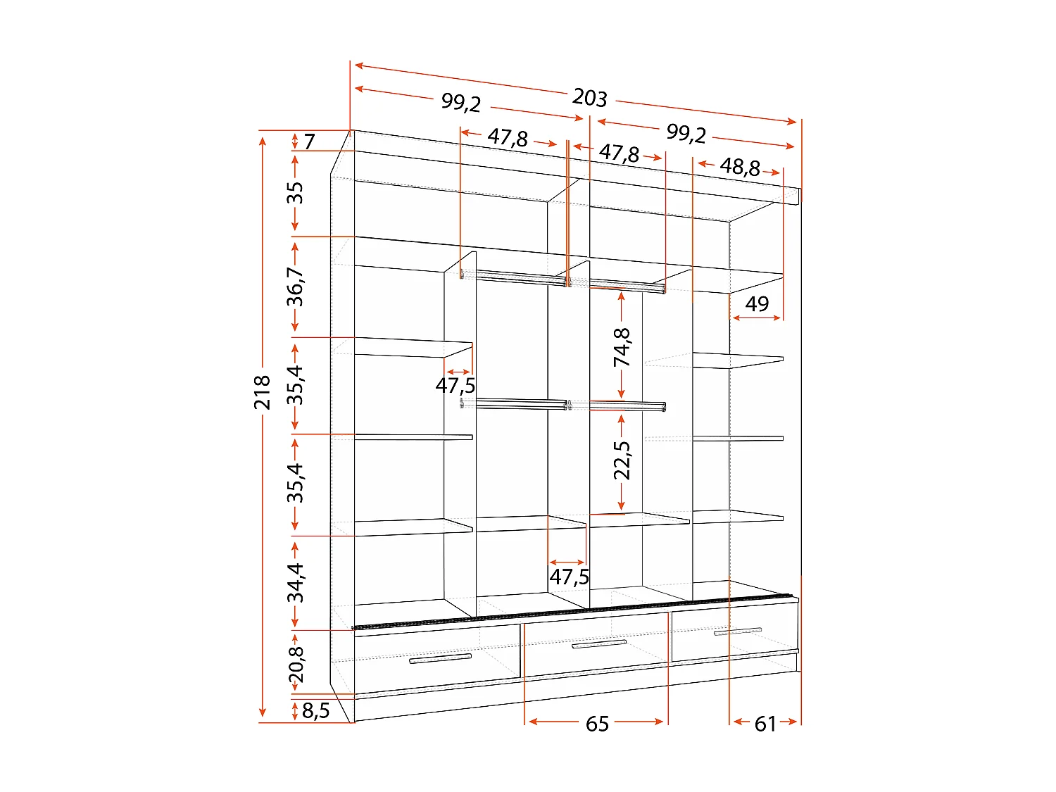 Armoire Solian 203 cm avec miroir - Gris - Blanc