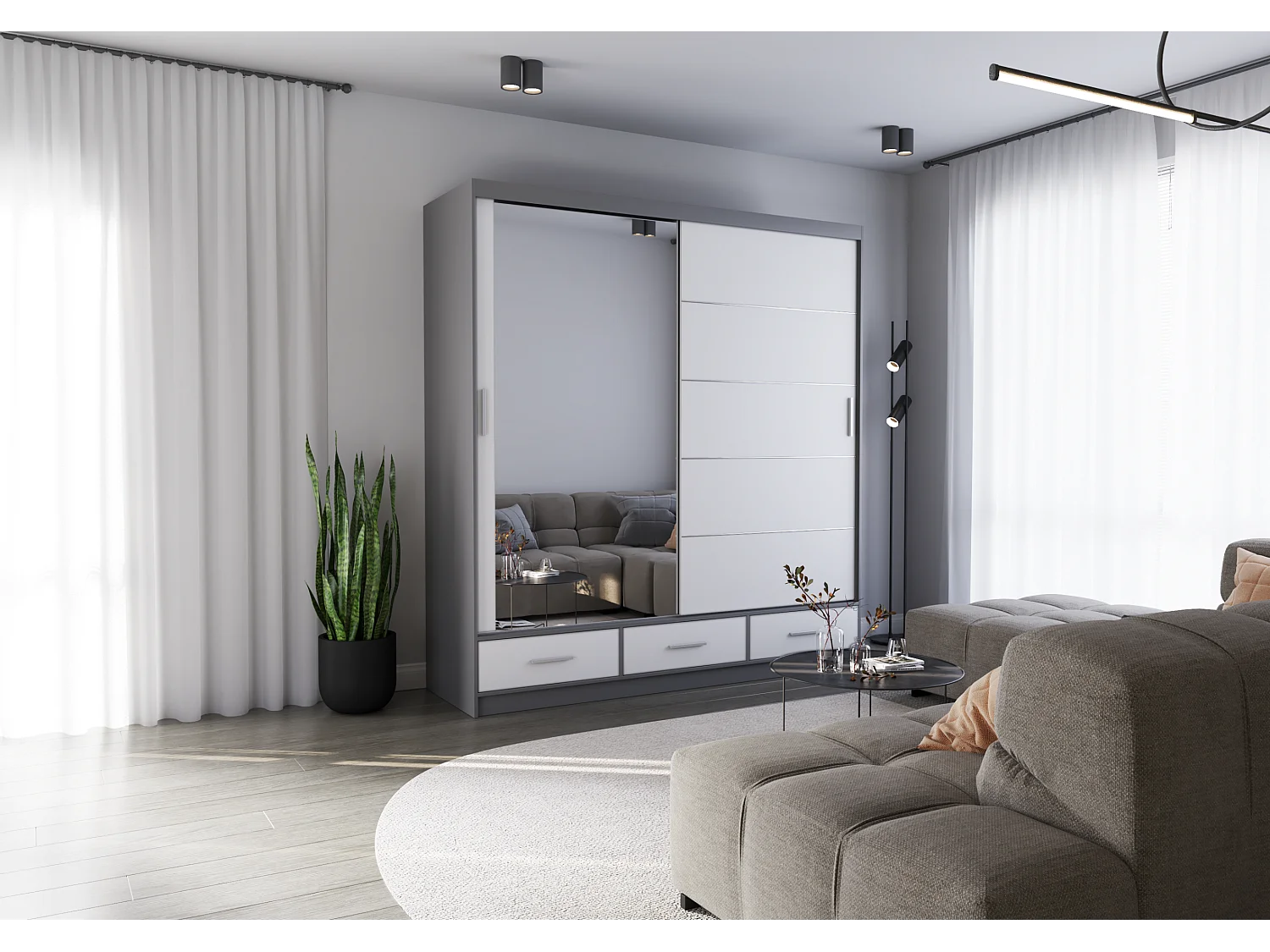 Armoire Solian 203 cm avec miroir - Gris - Blanc