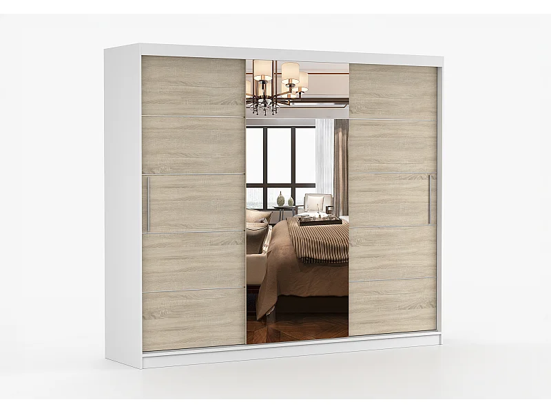 Armoire Olympe 233 cm avec miroir - Blanc - Chêne