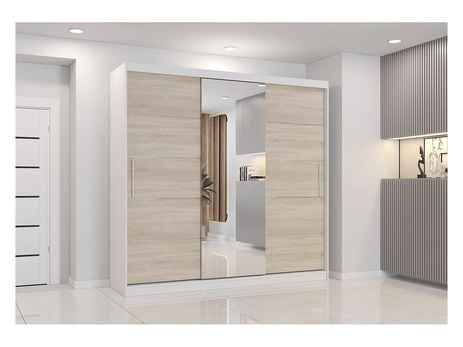 Armoire Olympe 233 cm avec miroir - Blanc - Chêne