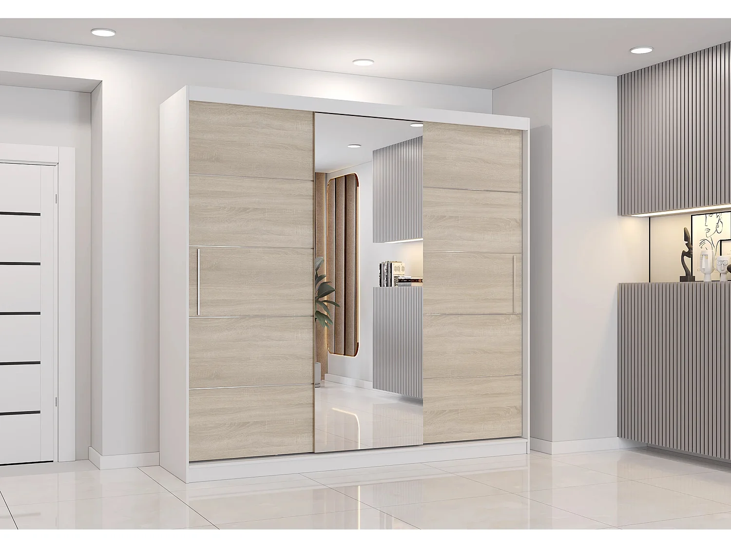 Armoire Olympe 233 cm avec miroir - Blanc - Chêne