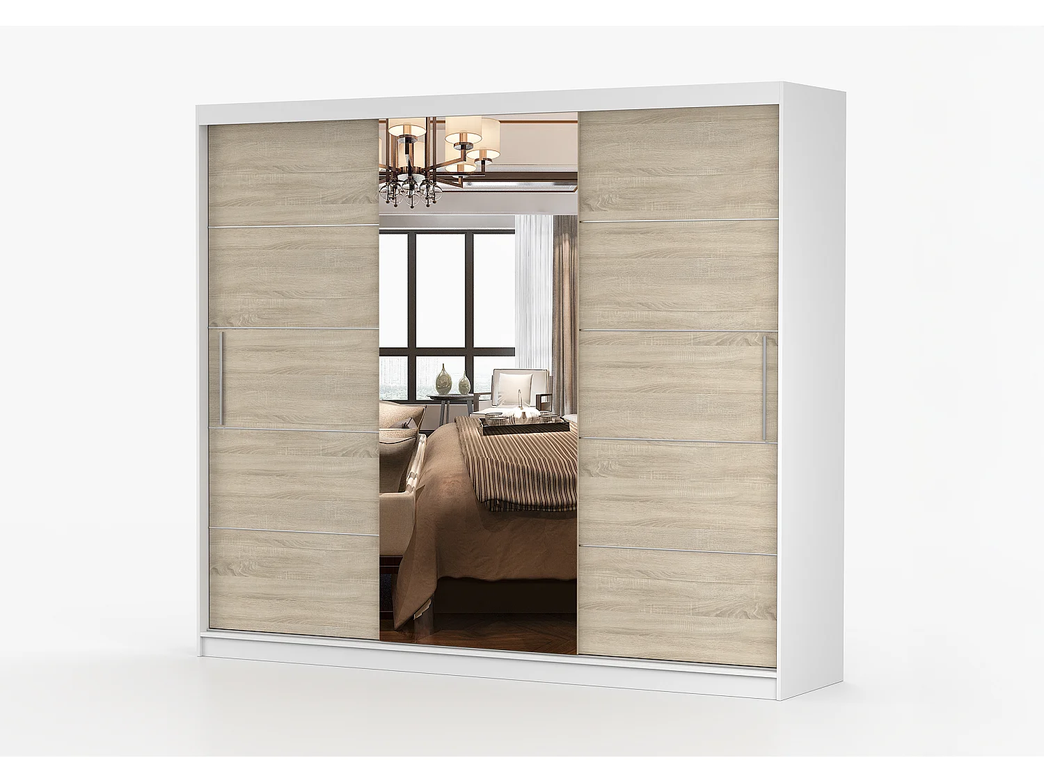 Armoire Olympe 233 cm avec miroir - Blanc - Chêne