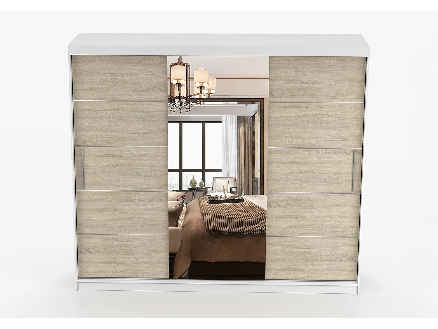 Armoire Olympe 233 cm avec miroir - Blanc - Chêne