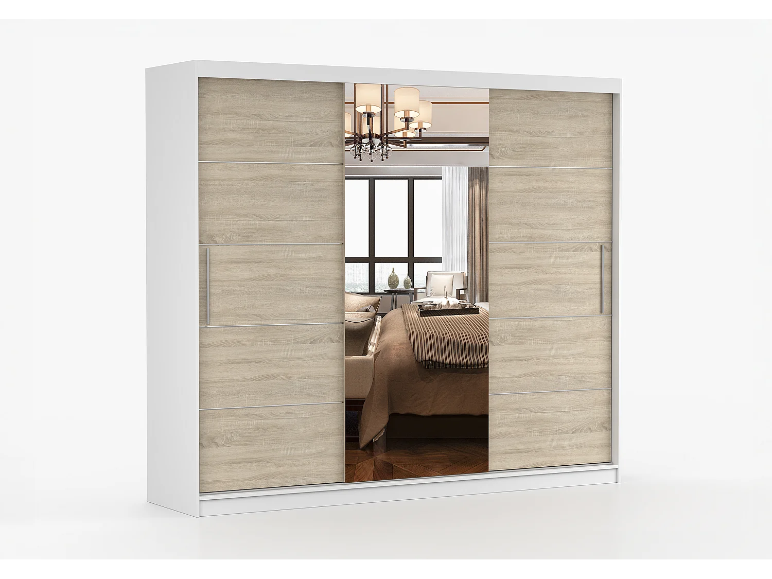 Armoire Olympe 233 cm avec miroir - Blanc - Chêne