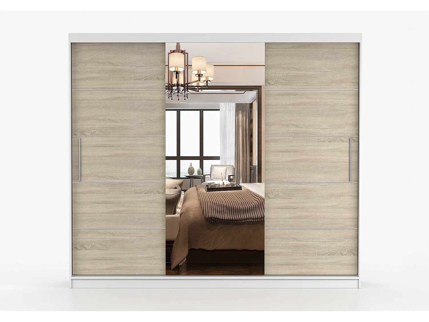 Armoire Olympe 233 cm avec miroir - Blanc - Chêne