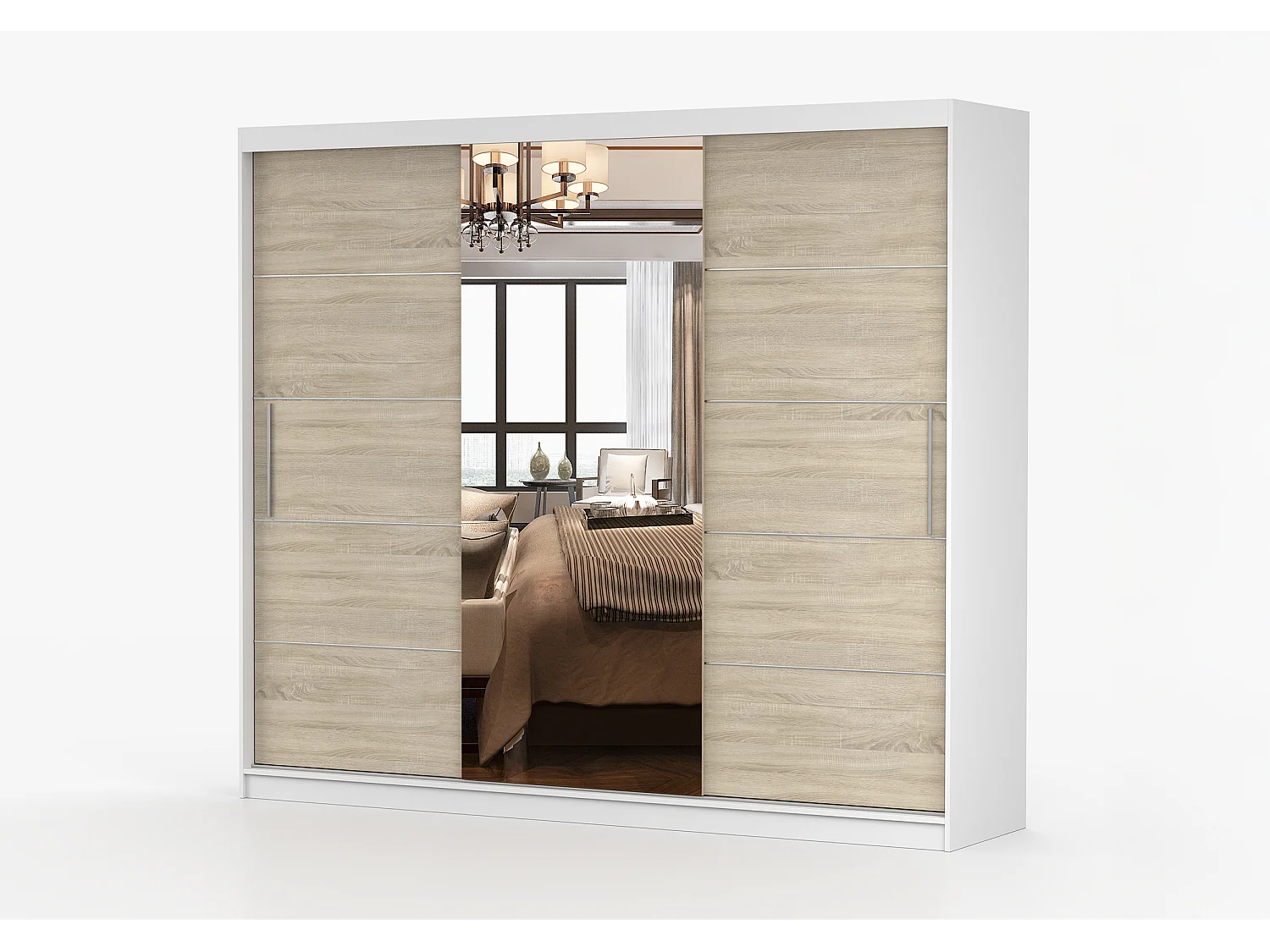 Armoire Olympe 233 cm avec miroir - Blanc - Chêne
