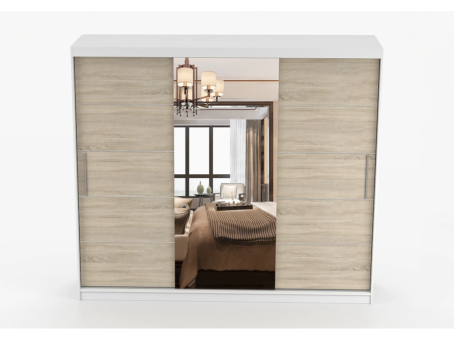Armoire Olympe 233 cm avec miroir - Blanc - Chêne
