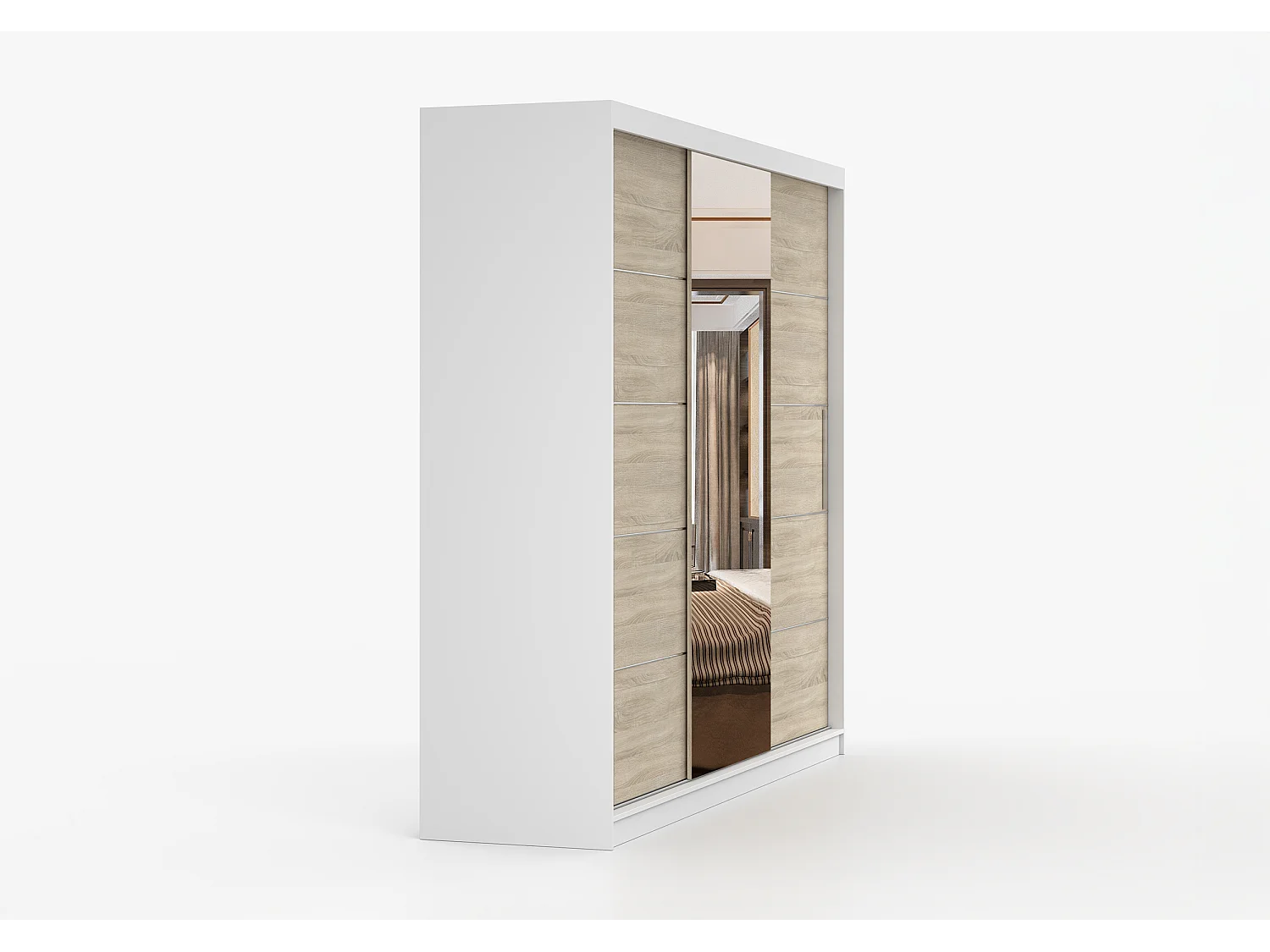 Armoire Olympe 233 cm avec miroir - Blanc - Chêne