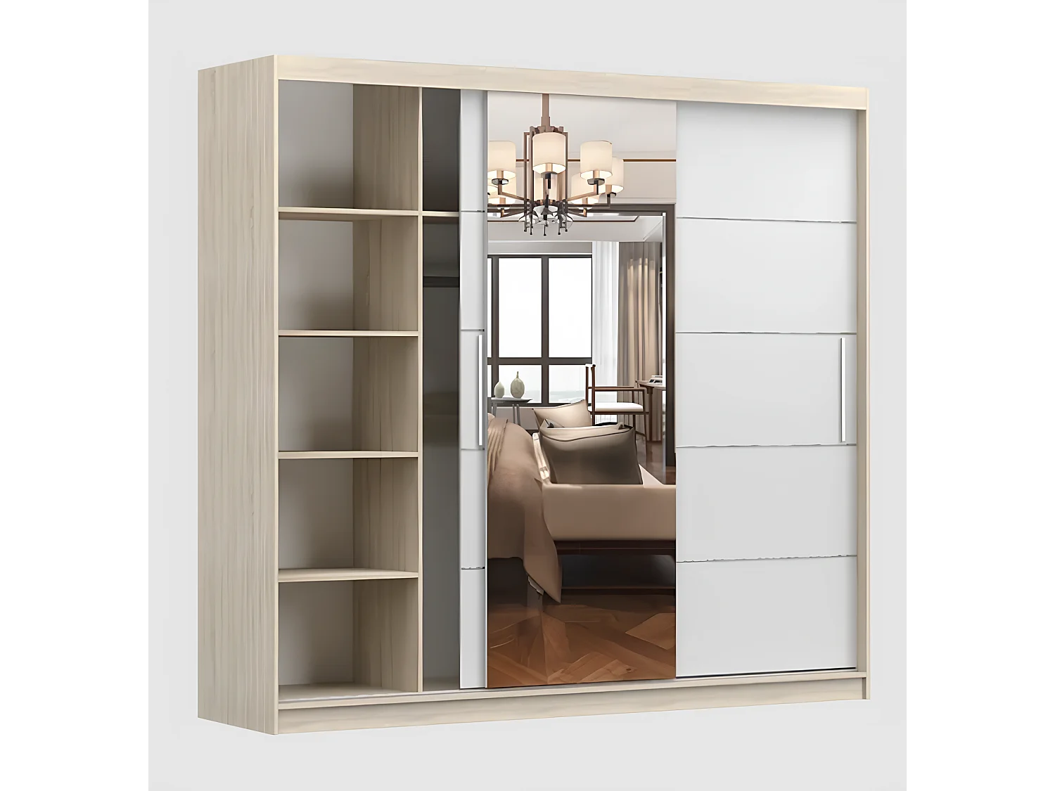 Armoire Olympe 233 cm avec miroir - Blanc - Chêne