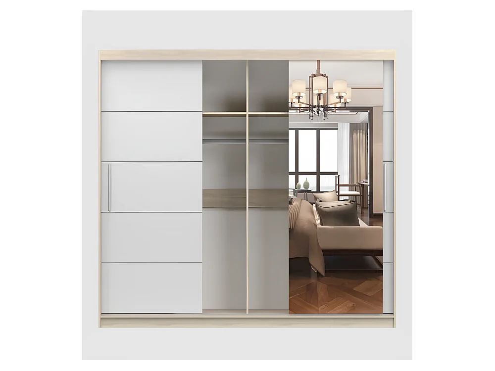 Armoire Olympe 233 cm avec miroir - Blanc - Chêne