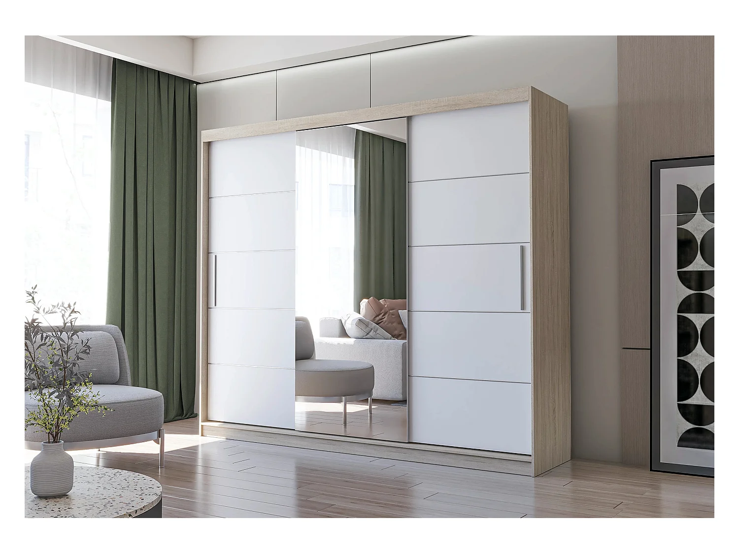 Armoire Théana avec miroir 250 cm - Chêne - Blanc