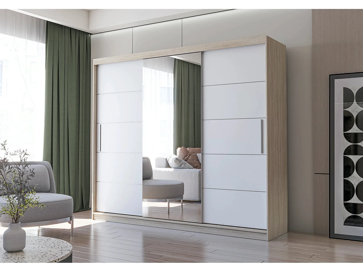 Armoire Théana avec miroir 250 cm - Chêne - Blanc