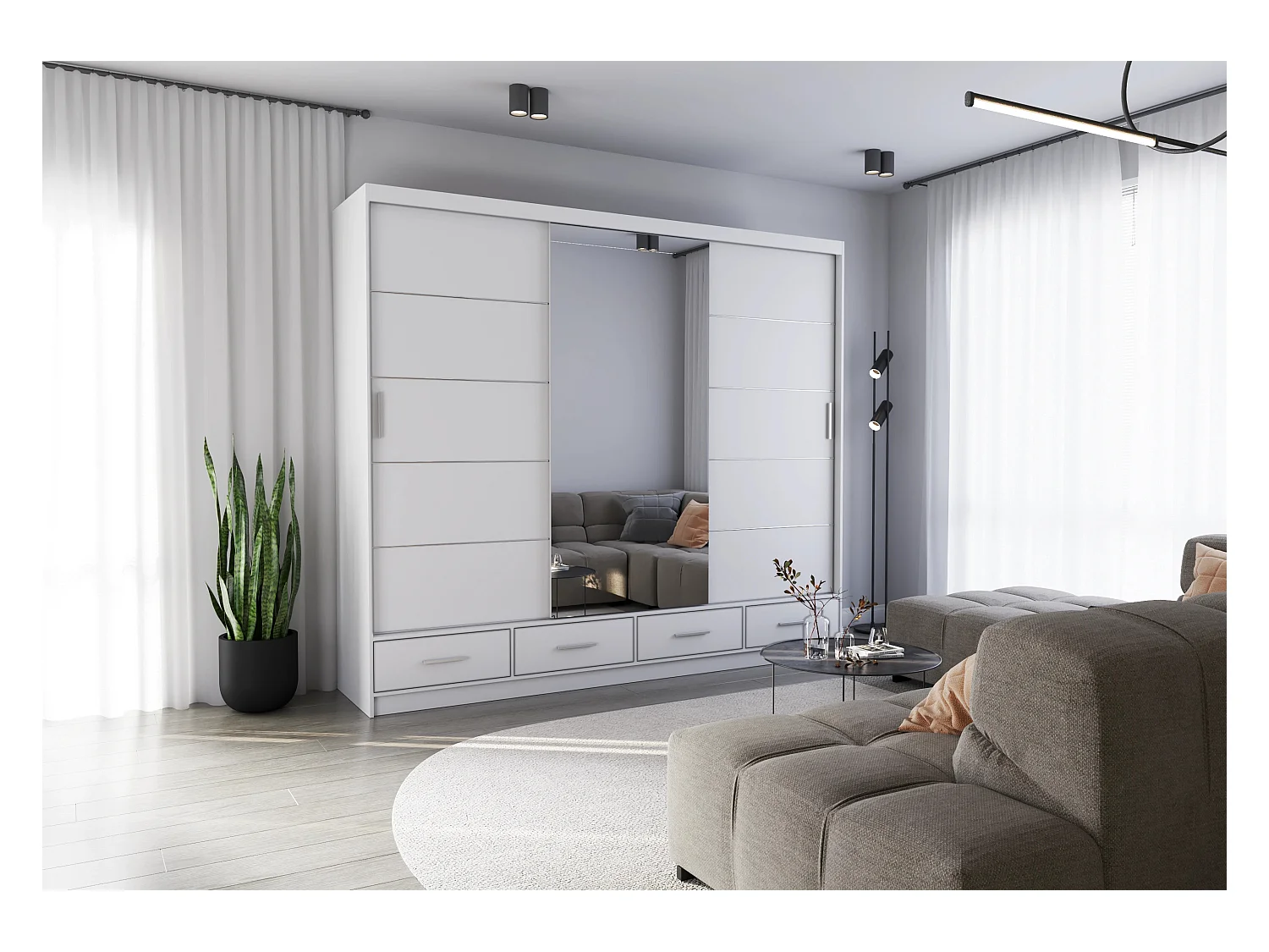 Armoire Silas 250 cm avec miroir - Blanc