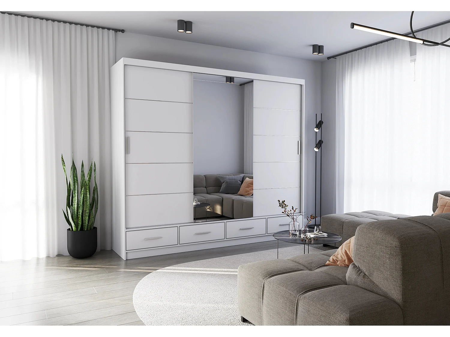 Armoire Silas 250 cm avec miroir - Blanc