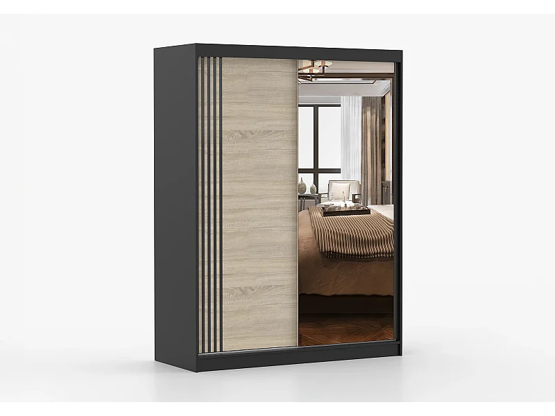 Armoire Elowen 150 cm avec miroir - Noir - Chêne