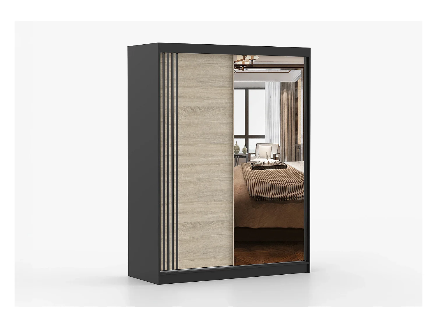 Armoire Elowen 150 cm avec miroir - Noir - Chêne