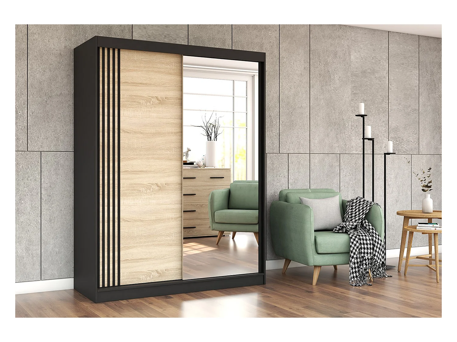 Armoire Elowen 150 cm avec miroir - Noir - Chêne
