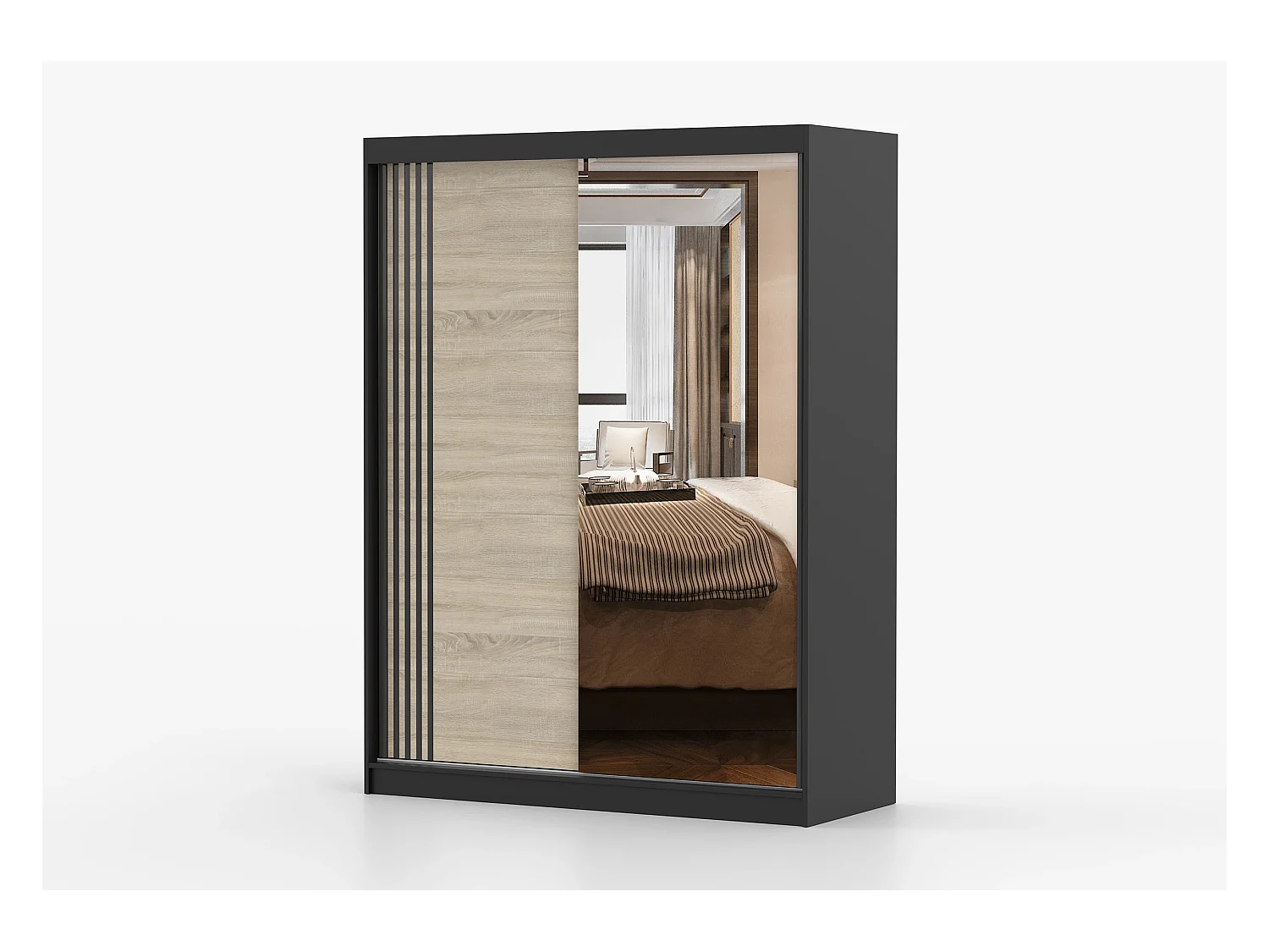 Armoire Elowen 150 cm avec miroir - Noir - Chêne