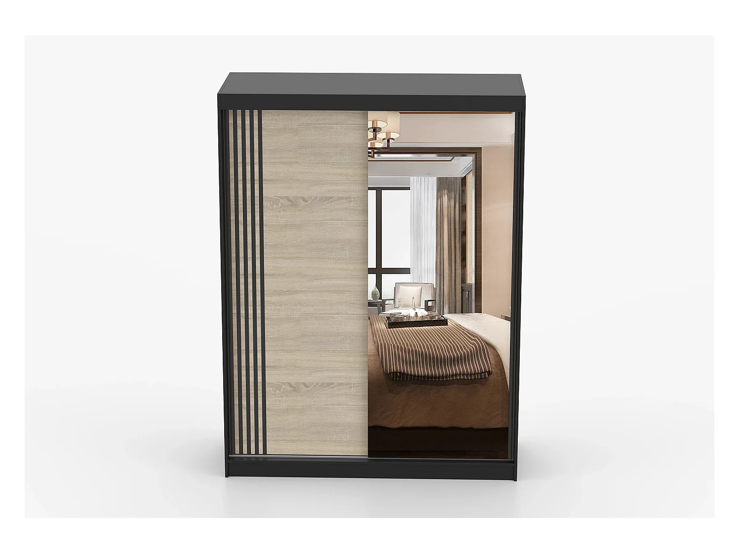 Armoire Elowen 150 cm avec miroir - Noir - Chêne