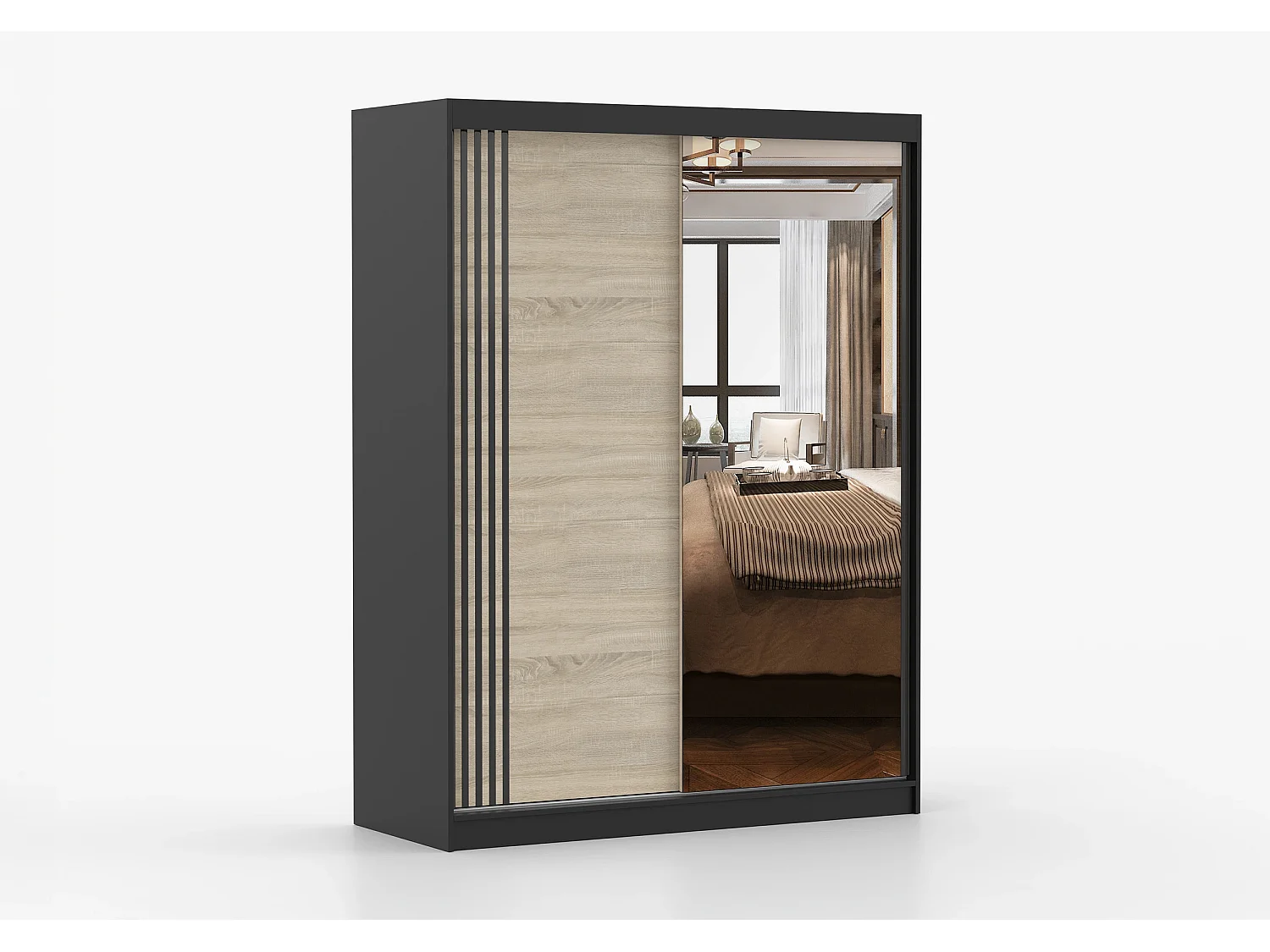 Armoire Elowen 150 cm avec miroir - Noir - Chêne