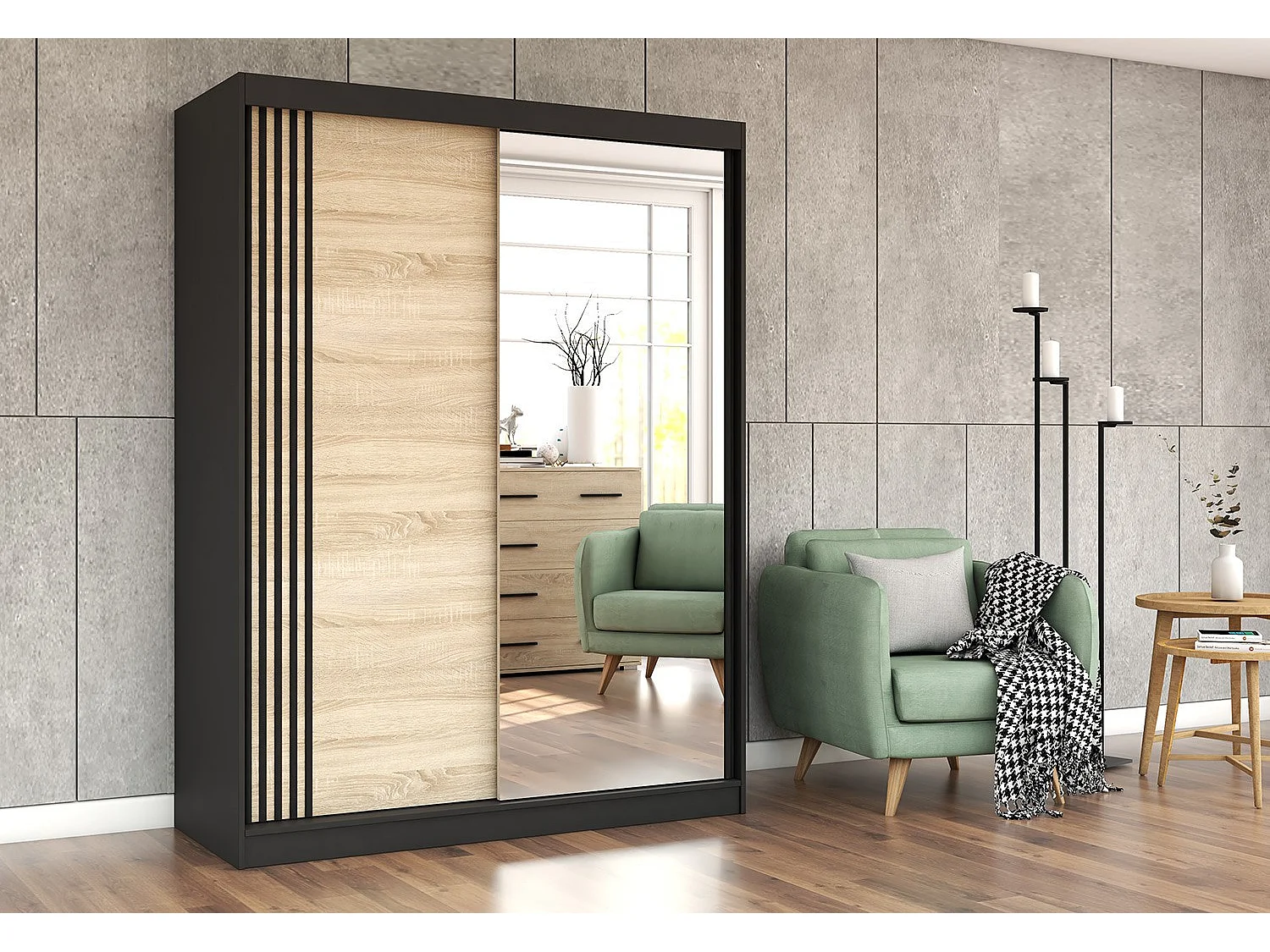 Armoire Elowen 150 cm avec miroir - Noir - Chêne