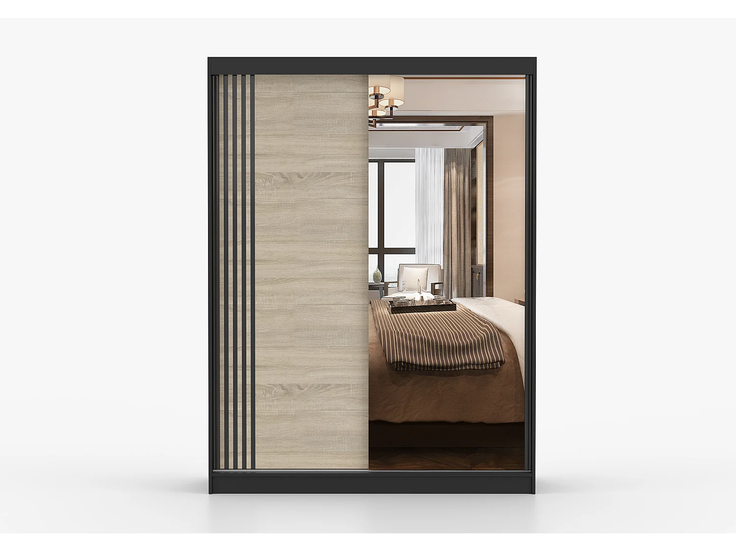 Armoire Elowen 150 cm avec miroir - Noir - Chêne