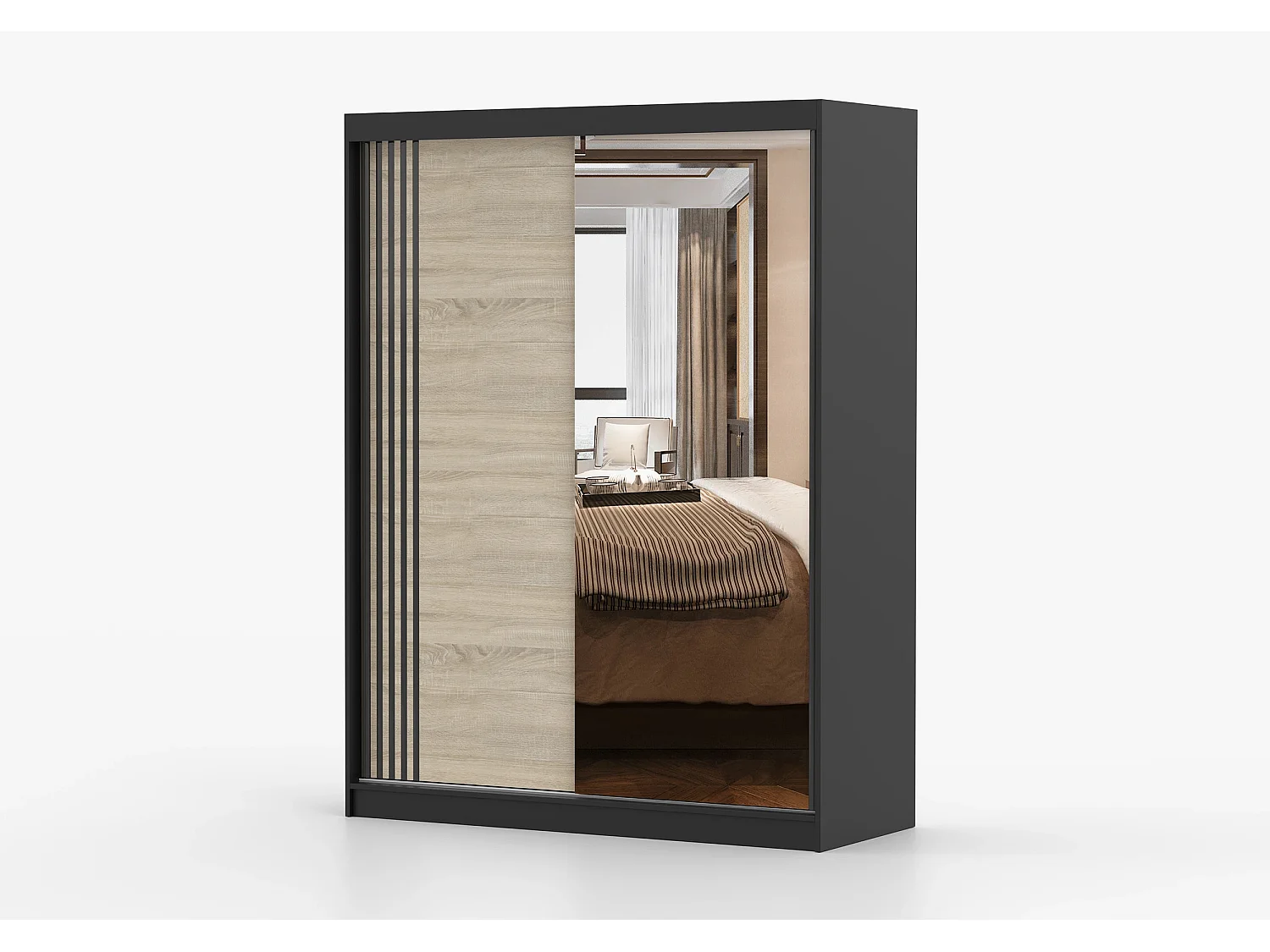 Armoire Elowen 150 cm avec miroir - Noir - Chêne