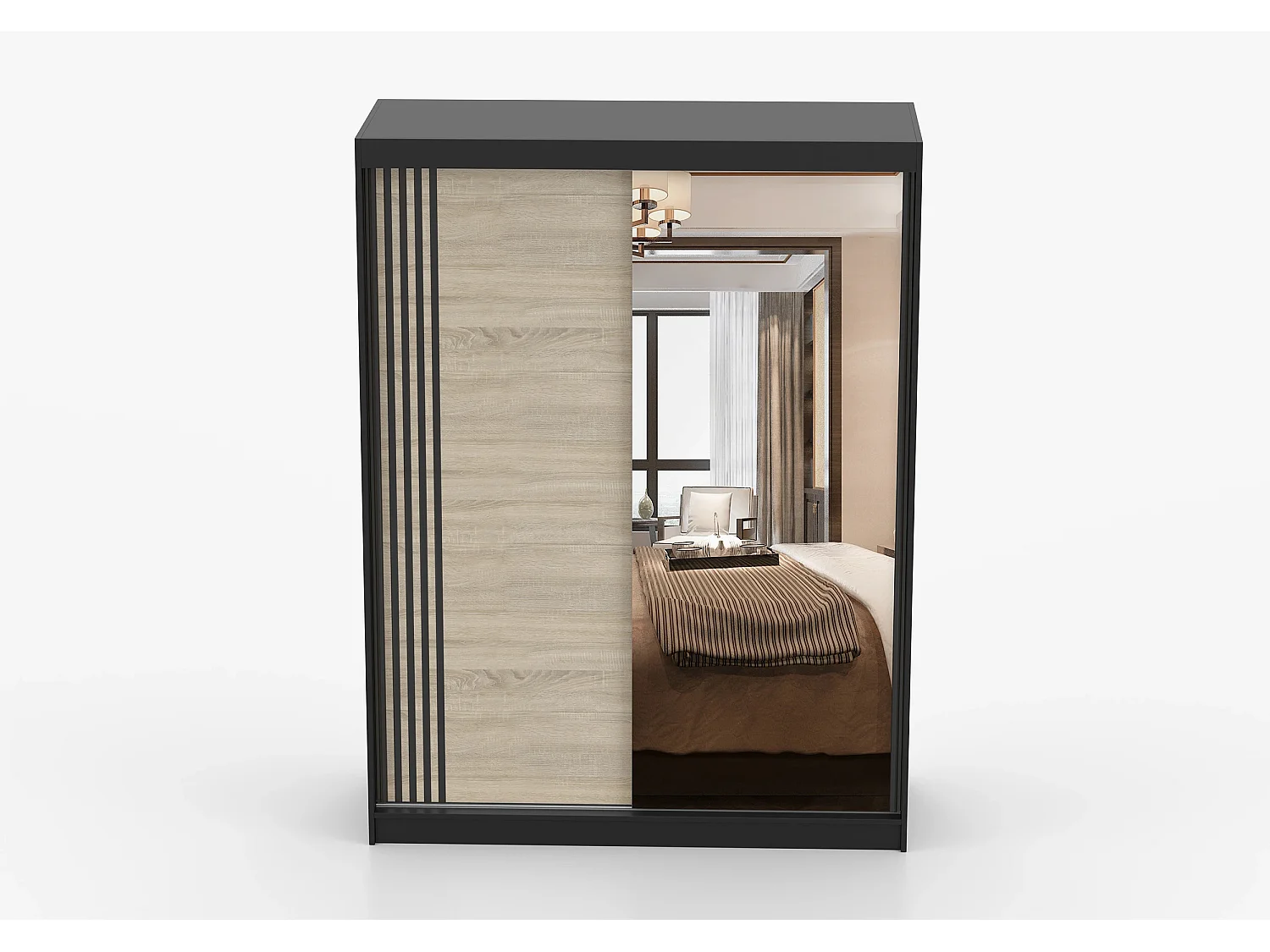 Armoire Elowen 150 cm avec miroir - Noir - Chêne