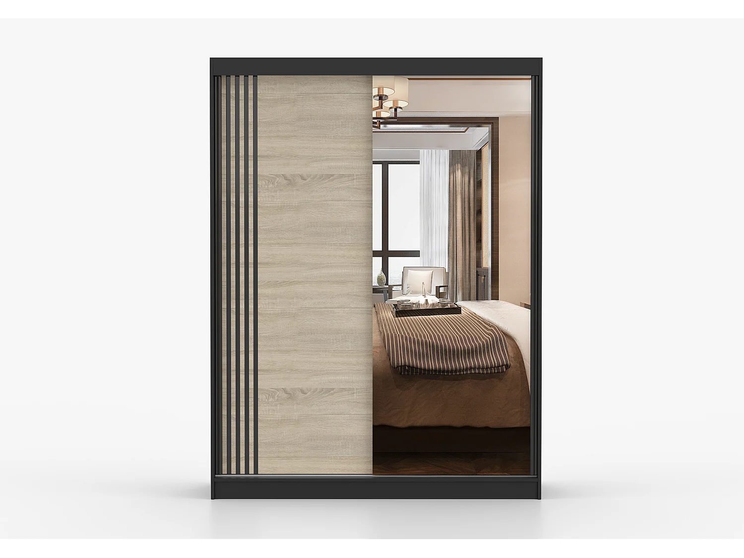 Armoire Elowen 150 cm avec miroir - Noir - Chêne