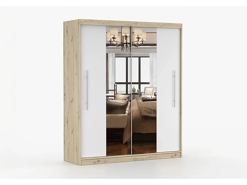 Armoire Althéa 203 cm avec miroir - Effet bois - Blanc