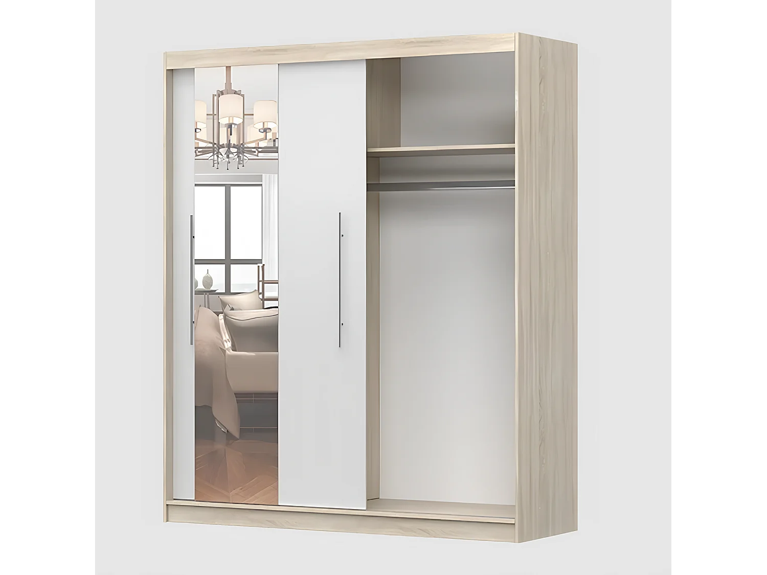 Armoire Althéa 203 cm avec miroir - Effet bois - Blanc