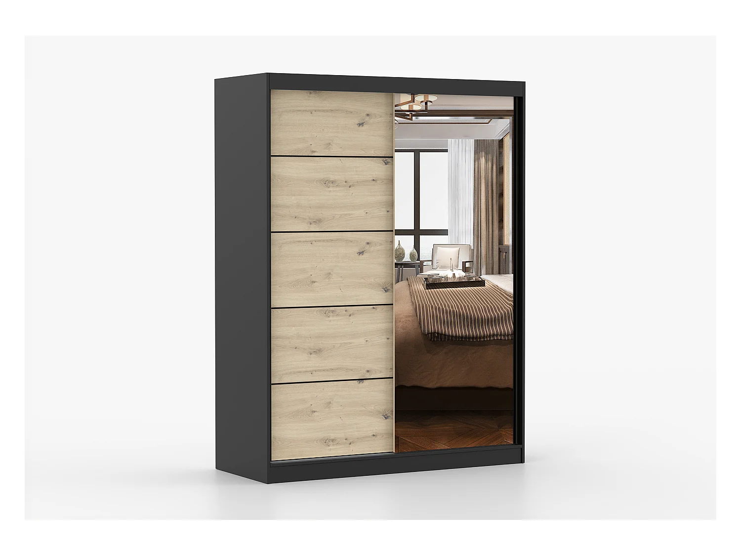 Armoire Enola 150 cm avec miroir - Noir - Effet bois