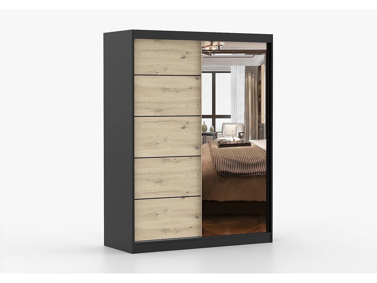 Armoire Enola 150 cm avec miroir - Noir - Effet bois