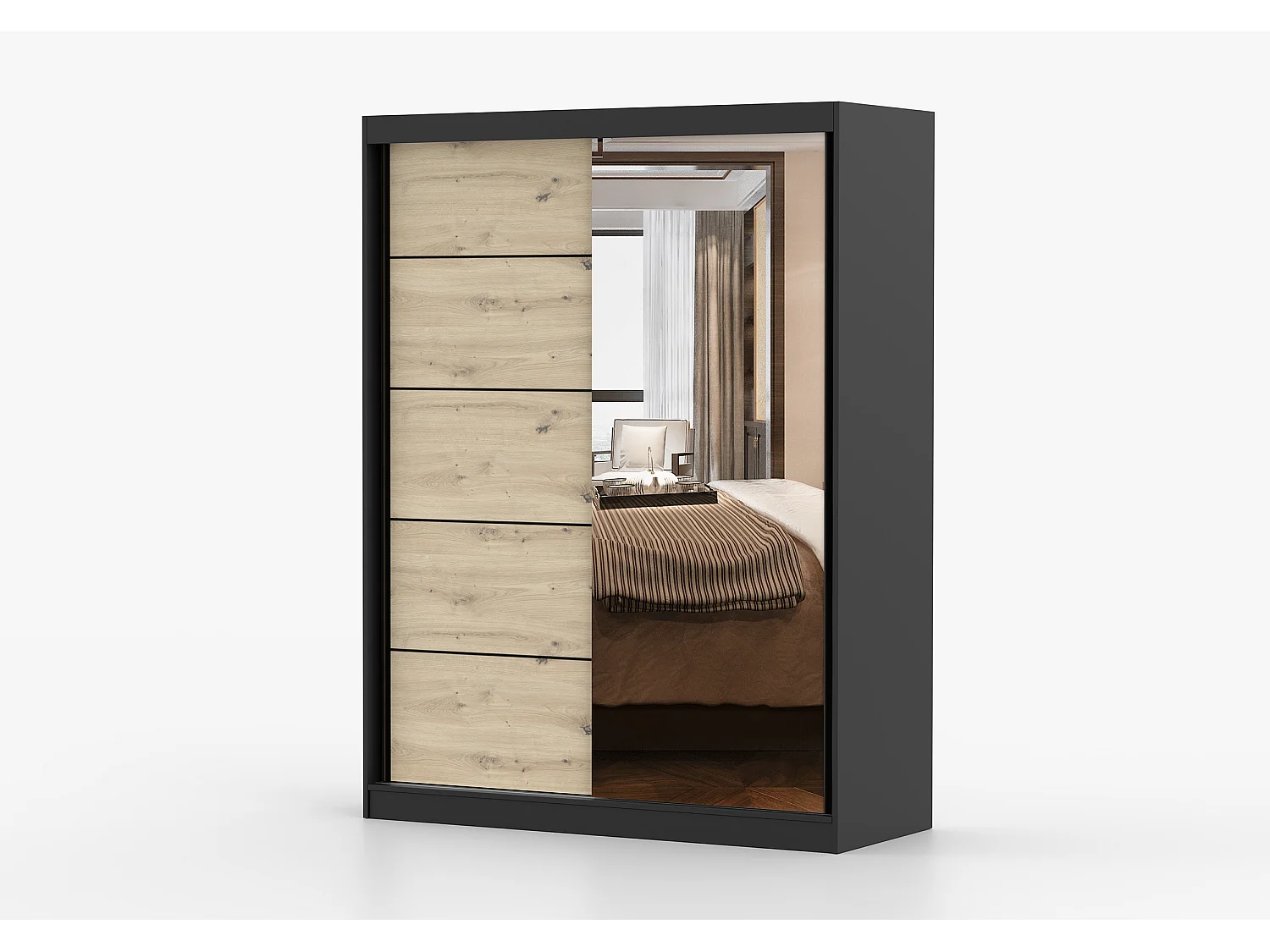 Armoire Enola 150 cm avec miroir - Noir - Effet bois