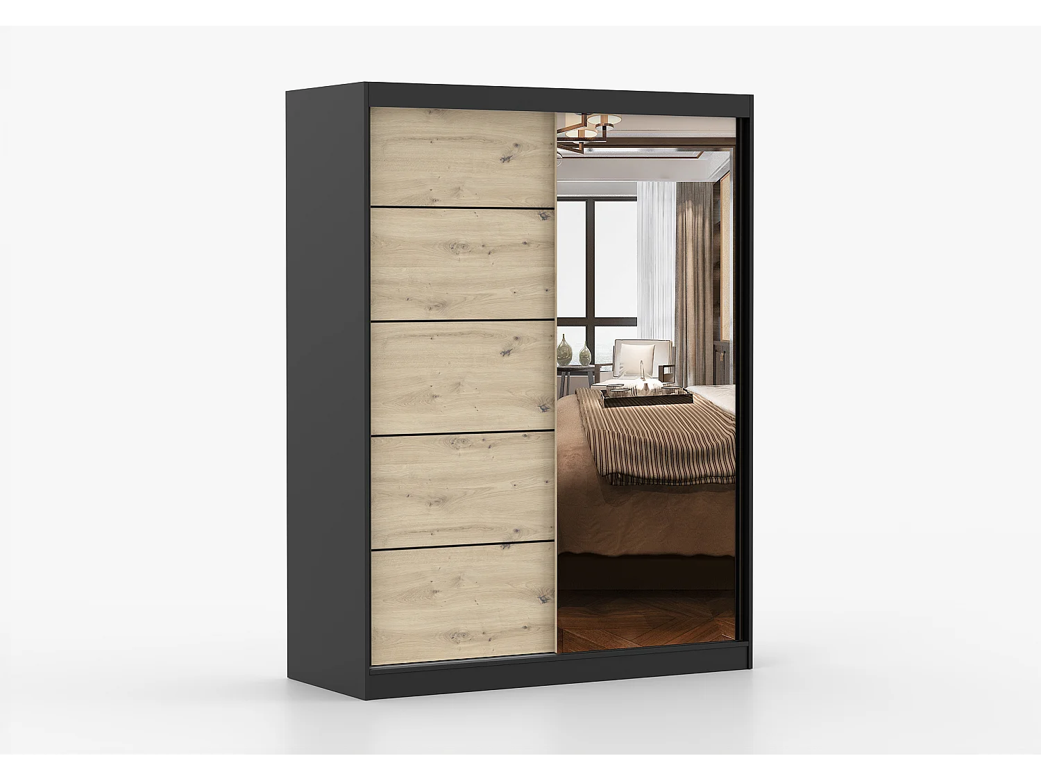 Armoire Enola 150 cm avec miroir - Noir - Effet bois