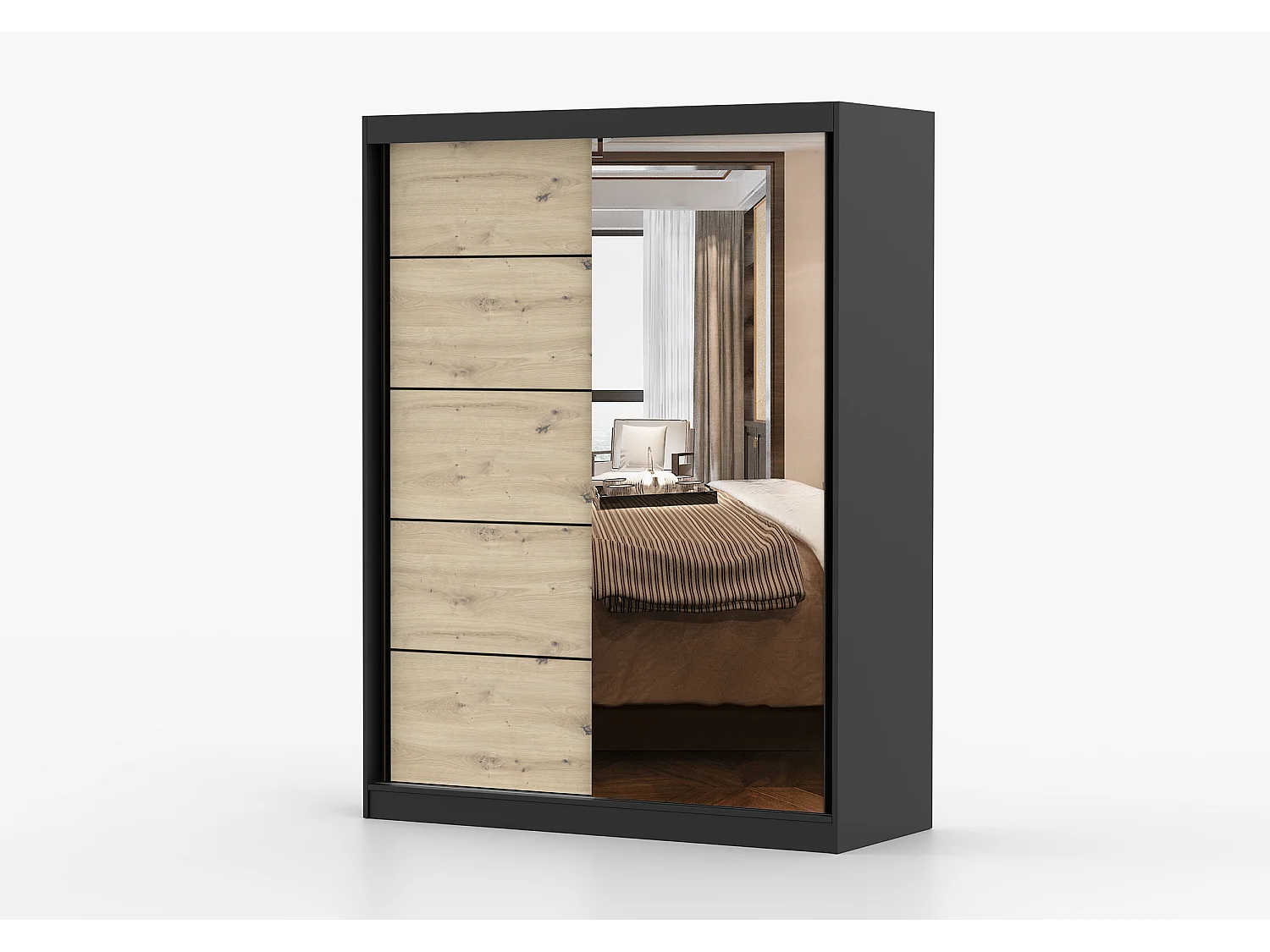 Armoire Enola 150 cm avec miroir - Noir - Effet bois