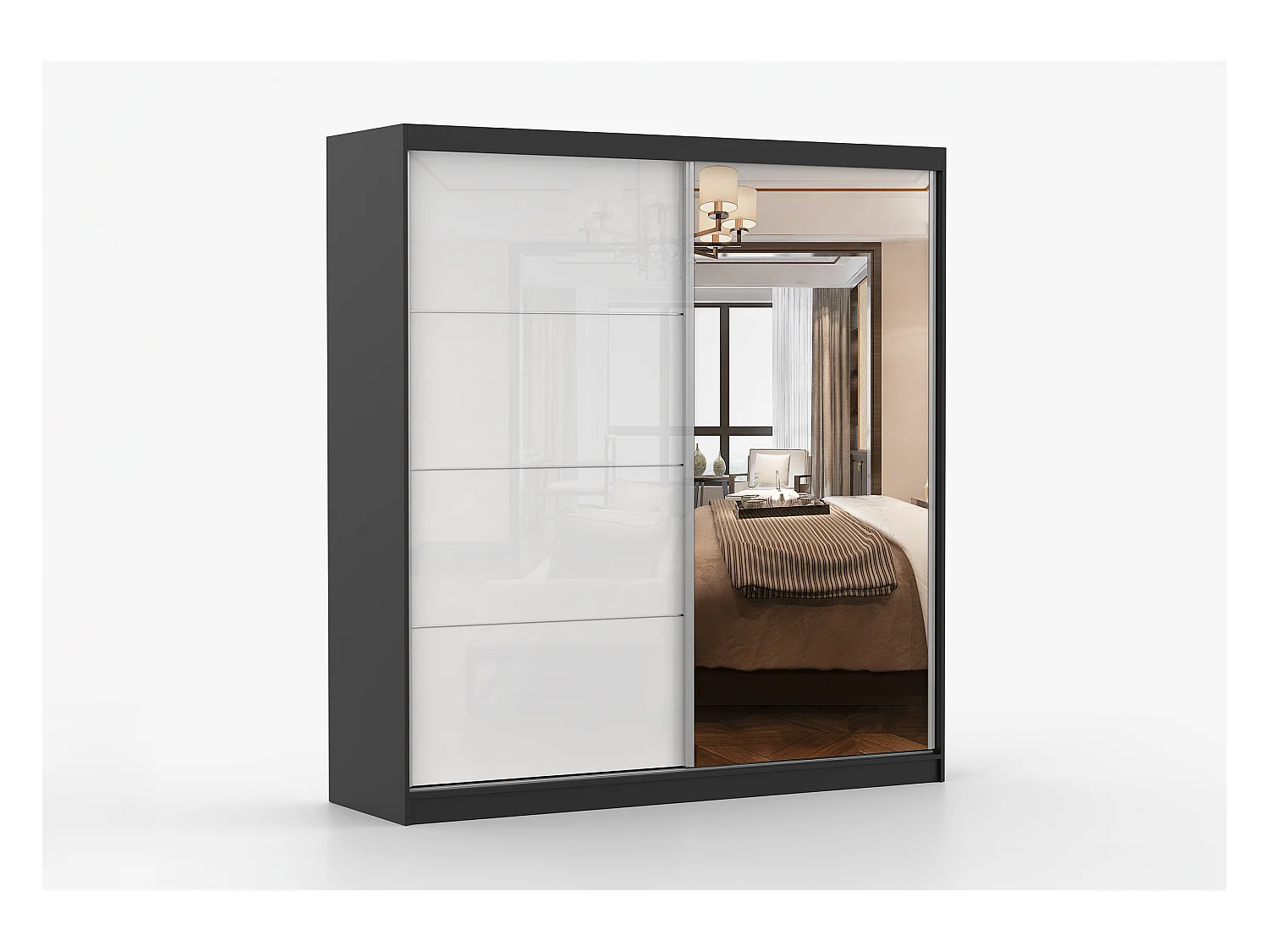 Armoire Daphnéa 233 cm avec miroir - Noir - Blanc
