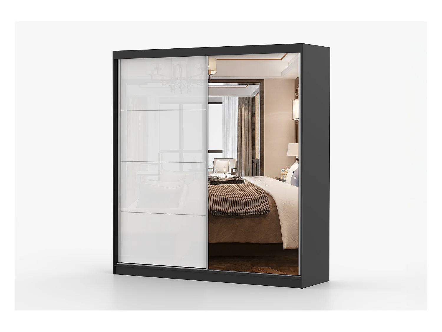 Armoire Daphnéa 233 cm avec miroir - Noir - Blanc