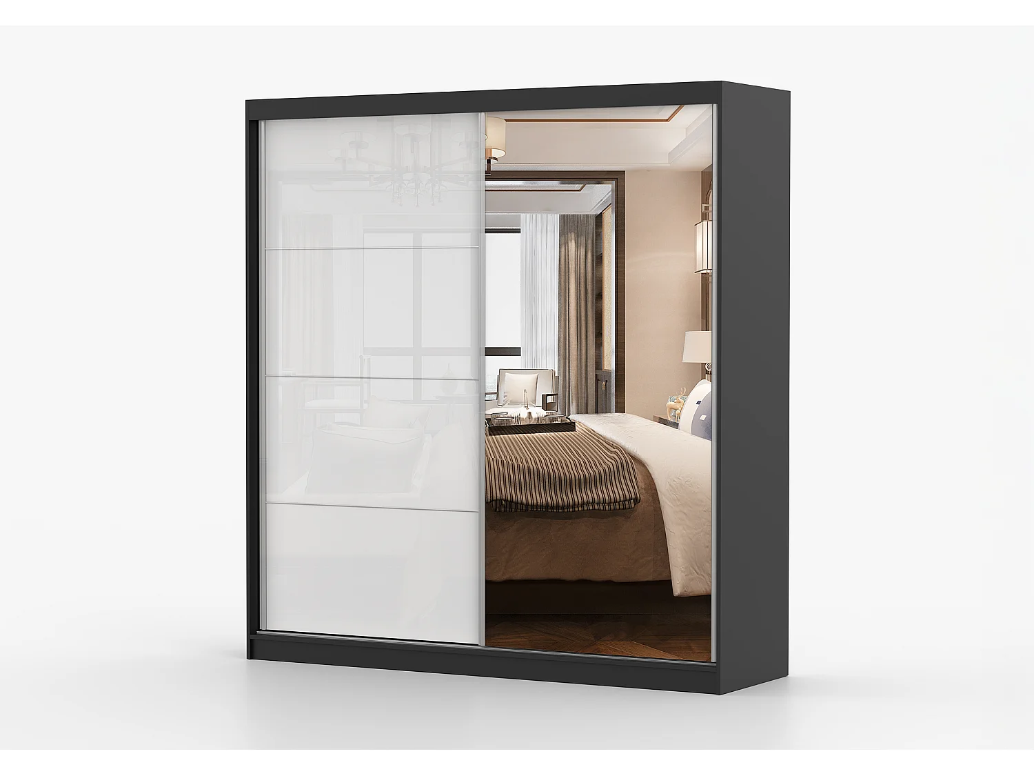 Armoire Daphnéa 233 cm avec miroir - Noir - Blanc