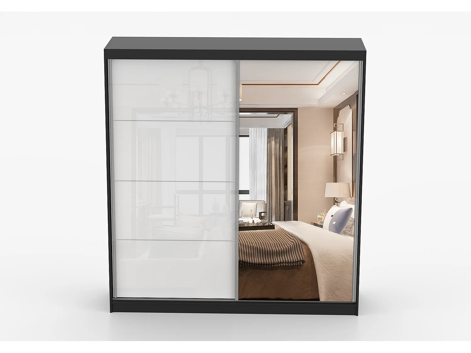 Armoire Daphnéa 233 cm avec miroir - Noir - Blanc