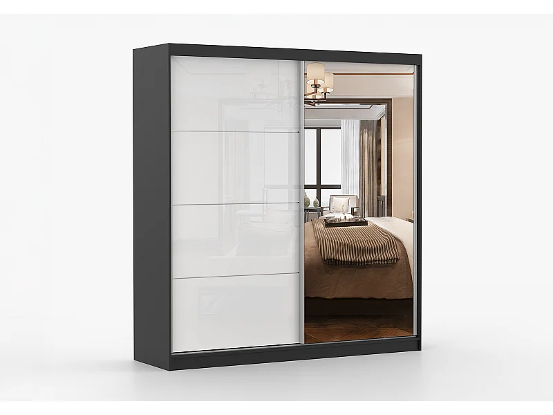 Armoire Daphnéa 233 cm avec miroir - Noir - Blanc
