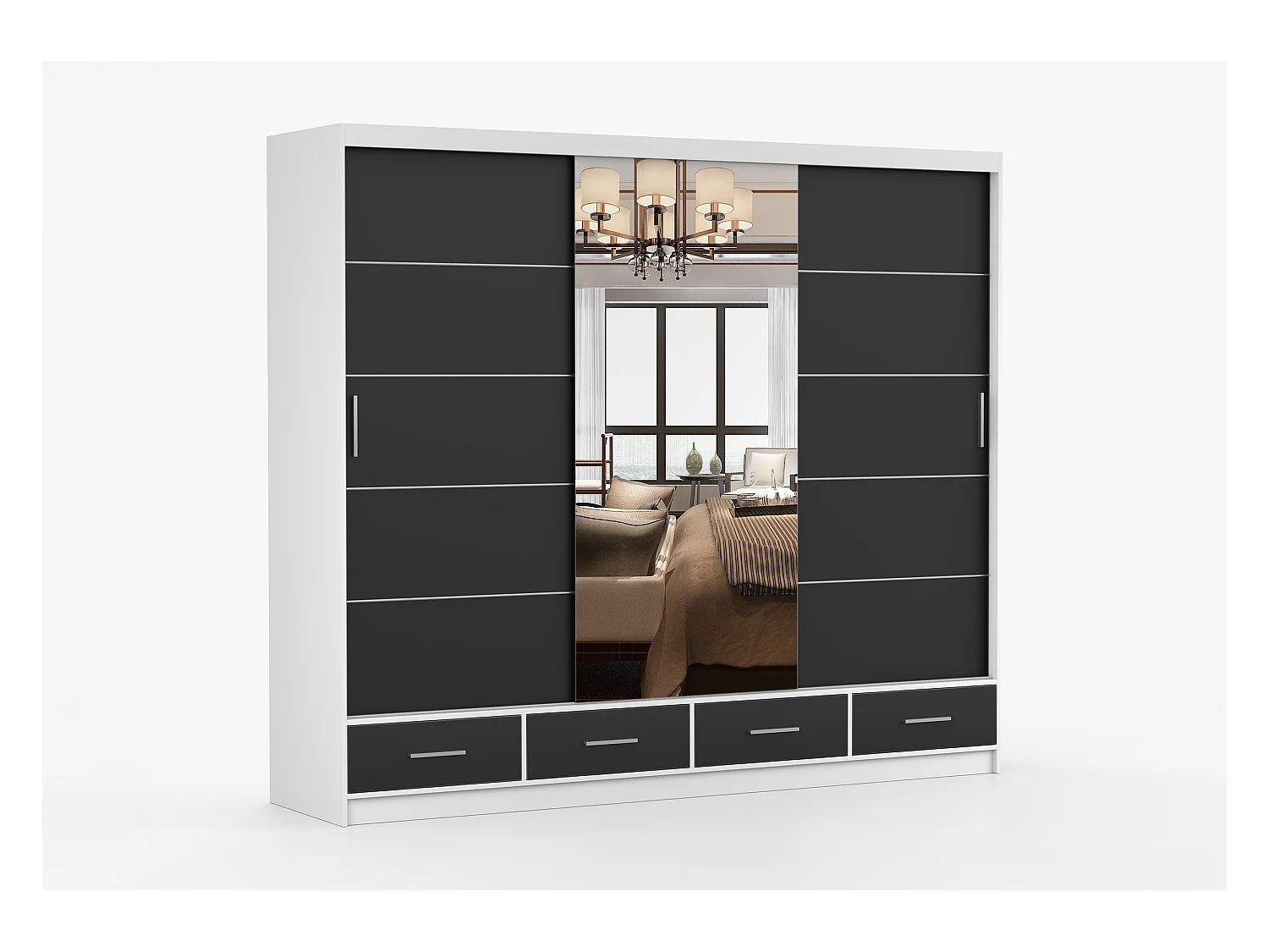 Armoire Silas 250 cm avec miroir - Blanc - Noir